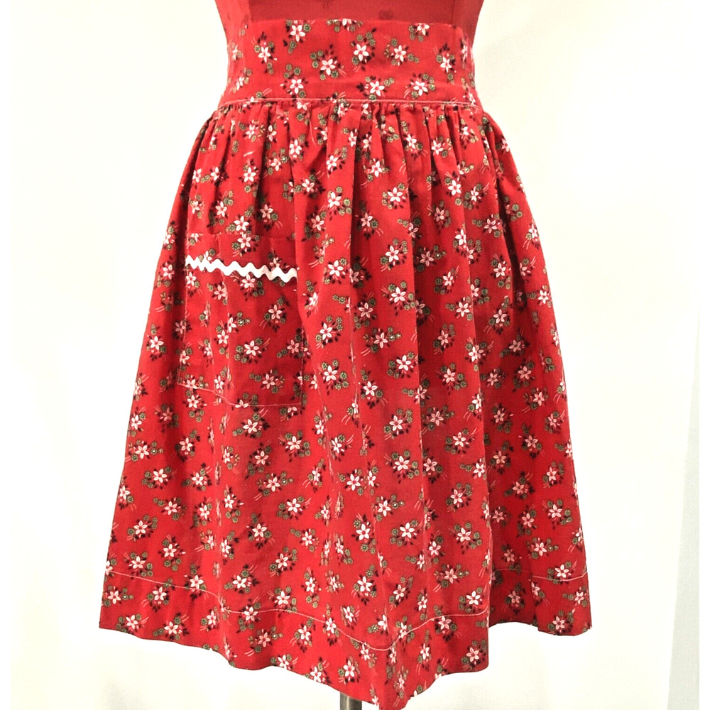 Vintage Handmade Half Apron Printed Cotton Farmhouse Red White Floral Pocket OS